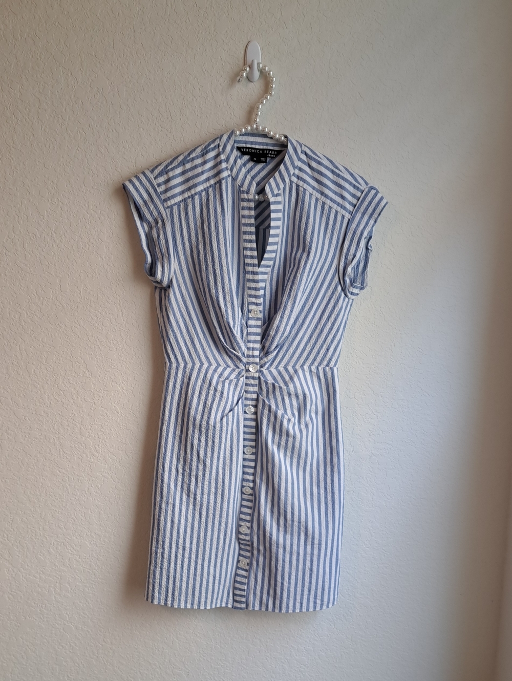 Veronica Beard Women’s Mini Dress Blue  White Stripe Twist-Waist Shirt Cotton XS